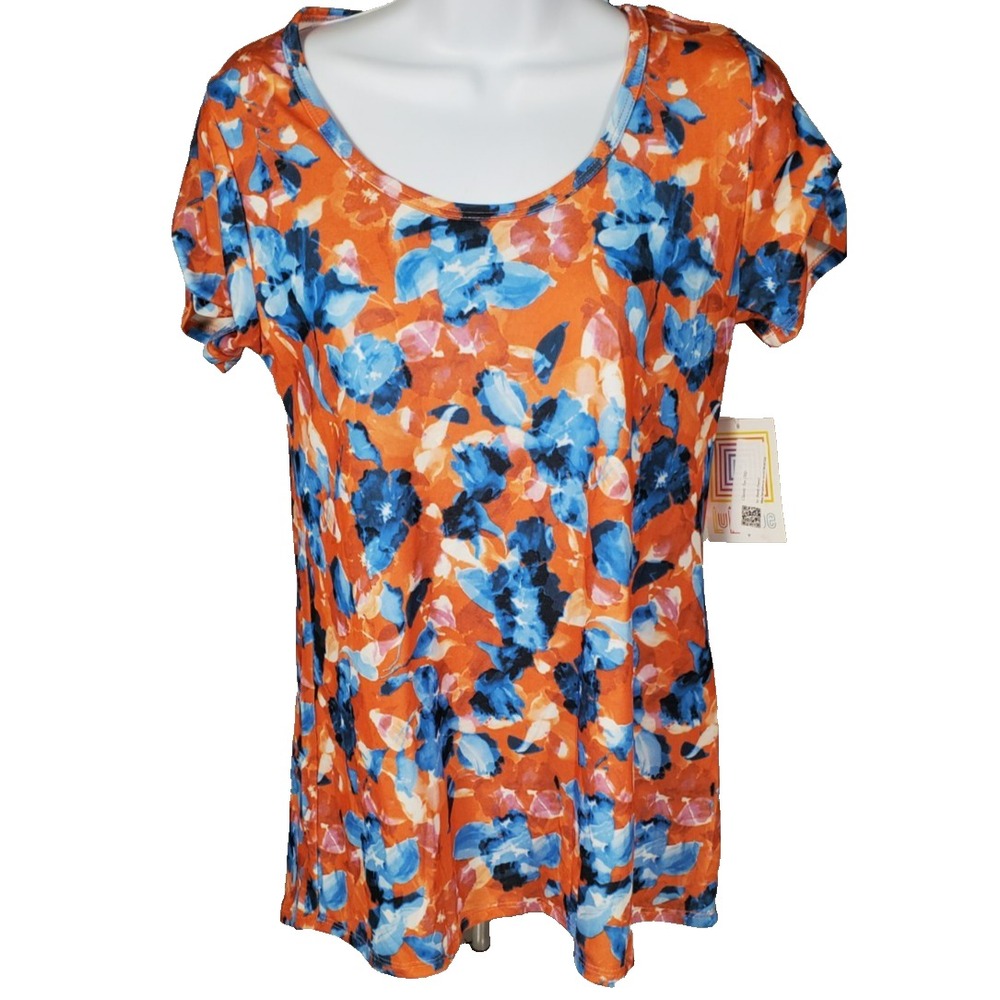 Lularoe Women's XS Shirt Orange Blue Floral/ Flowers‎ Short Sleeves Top NWT